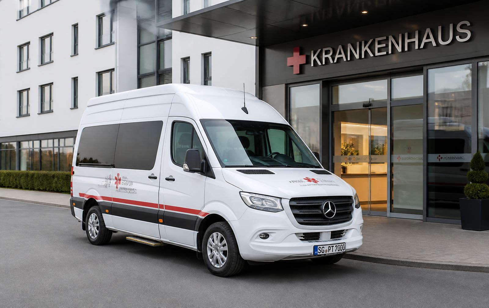Ambulans transportowy MedicalCar przed wejściem do szpitala